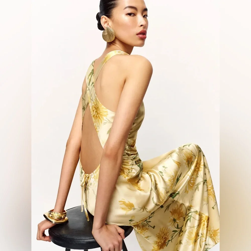 NEW Reformation Anaiis Long Backless Silk Dress Honeyglow Yellow Floral | US 2 - Picture 1 of 15